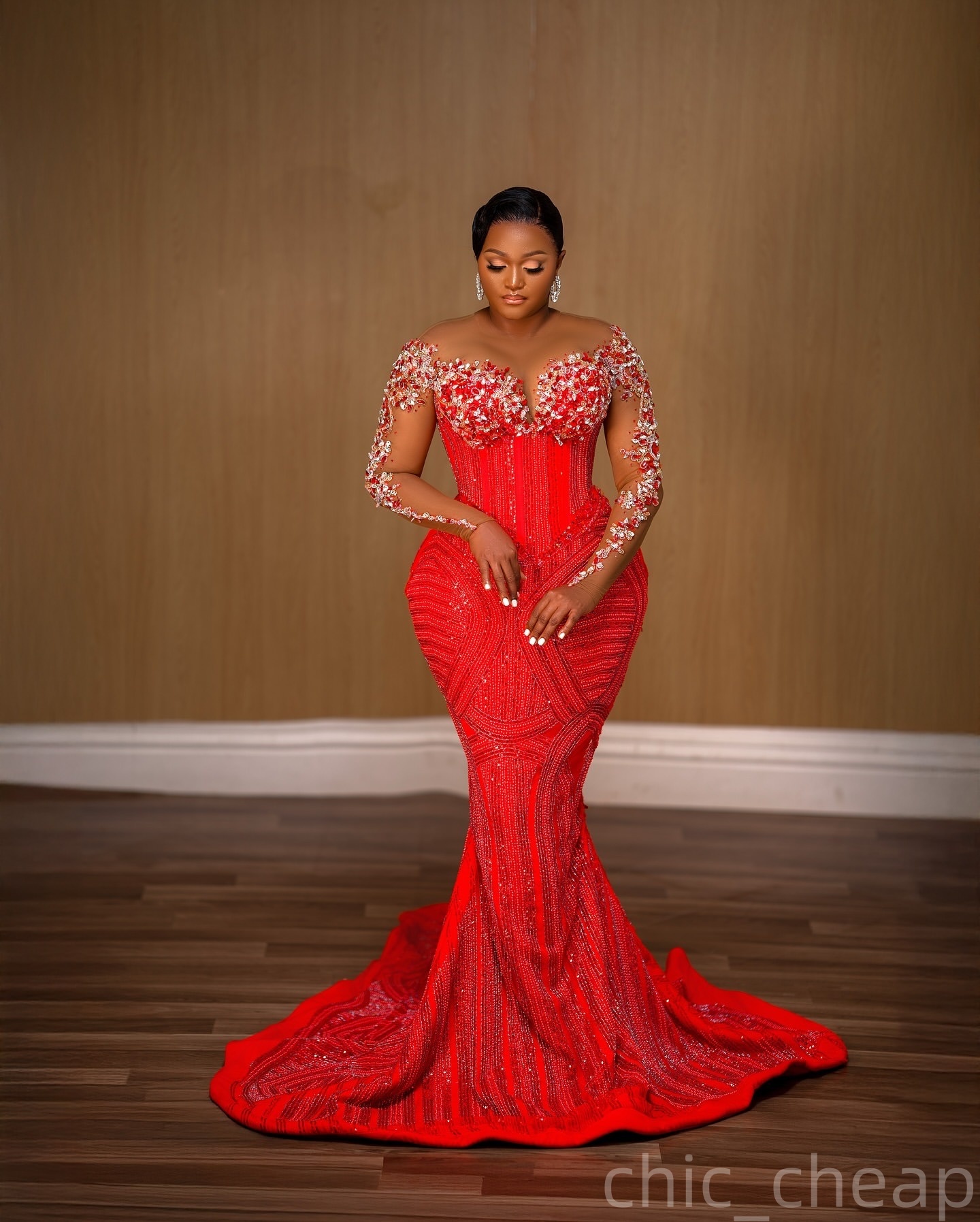 Mermaid Red Prom Dresses 2025 Lace Crystals Sequined Full Sleeves Evening Formal Party Second Birthday Engagement Gowns Plus Size Dress For Special Oc