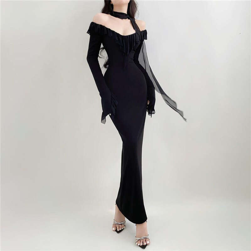 Women's Clothing 2023 Autumn Winter New Sexy Long Sleeve Off-Shoulder High Waist Bodycon Dress cfb