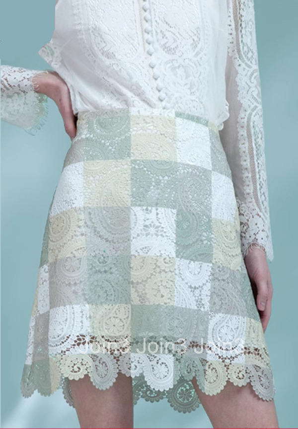 Summer New High Waist A-Line Skirt Versatile Elegant Short Skirt Plaid Lace Half Skirt 1017