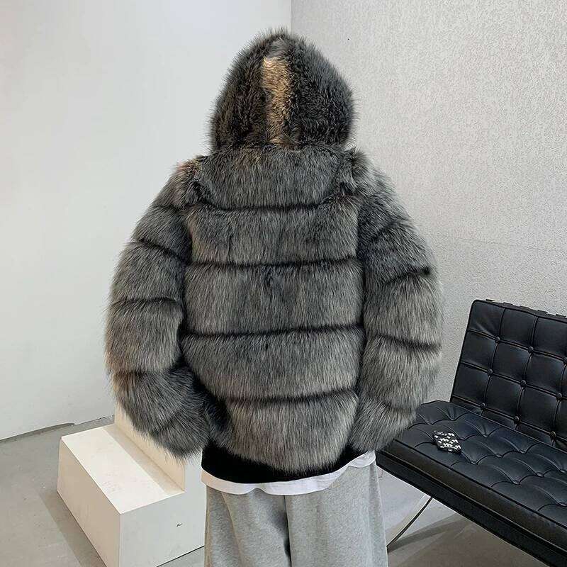 2025 Winter New High-End Imitation Striped Cotton-Padded Coats Men's Fashion Trendy High Street Cotton Warm Faux Fur Jackets