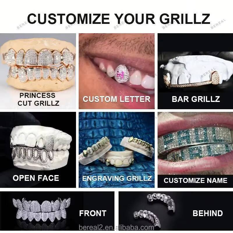 Custom Vvs Moissanite Teeth Grillz Fast Delivery Iced Out Princess Cut Fine 925 Silver Hip Hop Grilliz for Teeth