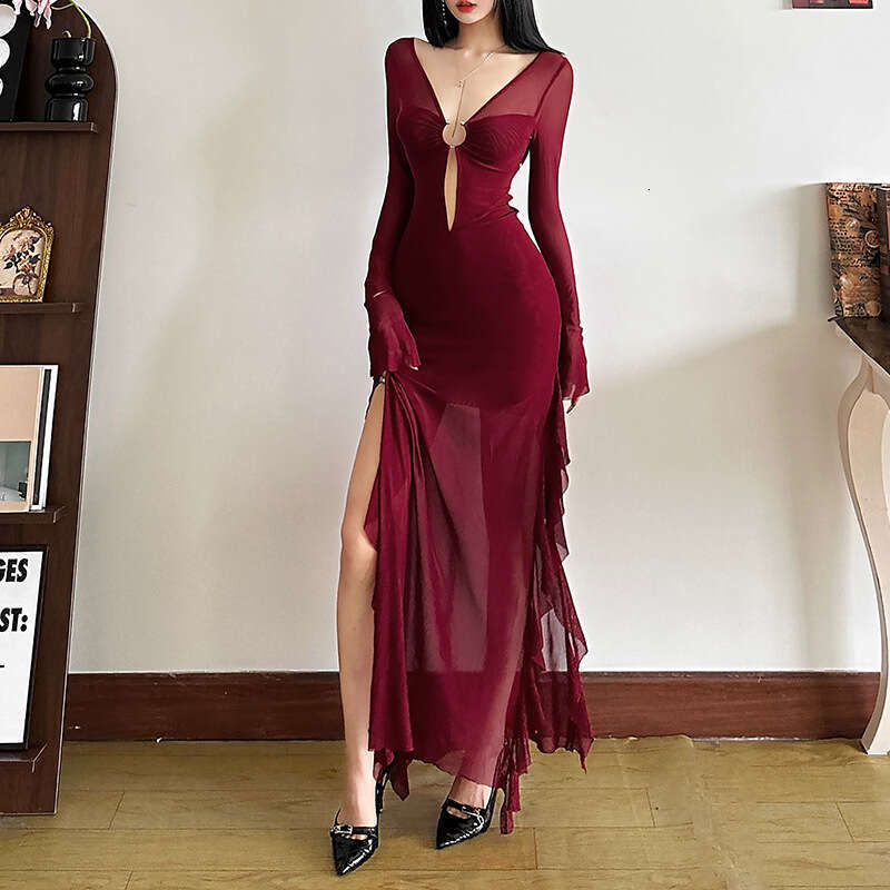 2024 Autumn Winter New Fashion Sexy Sleeve V-Neck Hollow Out Long Dress for Women 93b