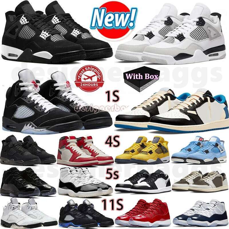 Designer New Low 1 Basketball Shoes With Box 4s 5s Game Blueberry 11s Mens Shoes Black Cats Red Thunder Cement Gold Sail Trainers Sport Mens Sneakers 36-47
