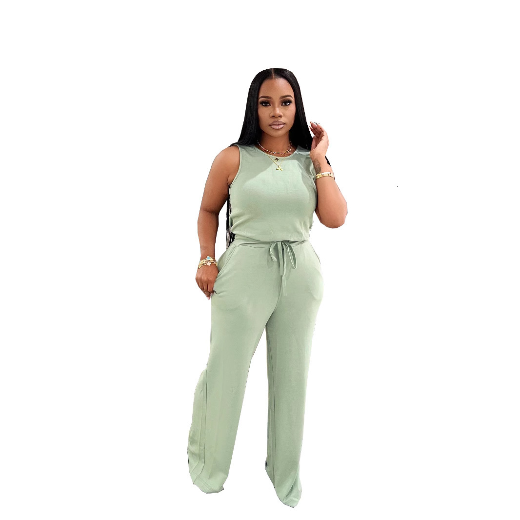 TW728 Summer New Versatile Fashion Slimming Casual Womens Sleeveless Tie Solid Color Commuter Jumpsuit