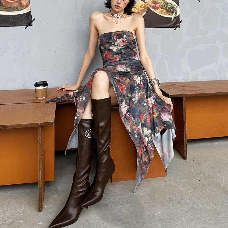 2025 Summer INS Style New Pure Desire High Waist Slim Fit Sleeveless Printed Tube Top Dress d6b