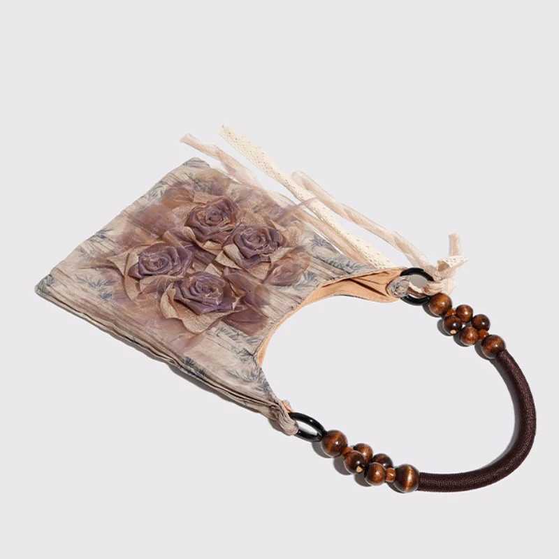 Chinese Style Rose Decor Shoulder Bags Fashion Commuter s Classic Pleated Handbags High Quality Women Underarm Bags Y250725