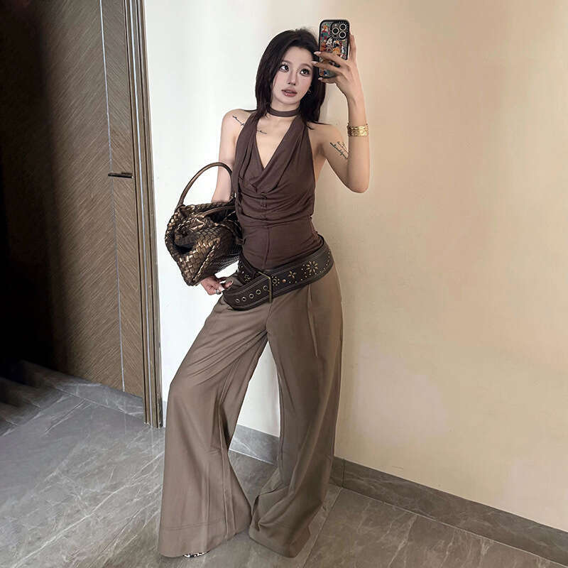 2025 Summer New Solid Color Halter Deep V Neck Waist-Cinching Slim Fit Sleeveless Elegant Versatile Women's Top 348