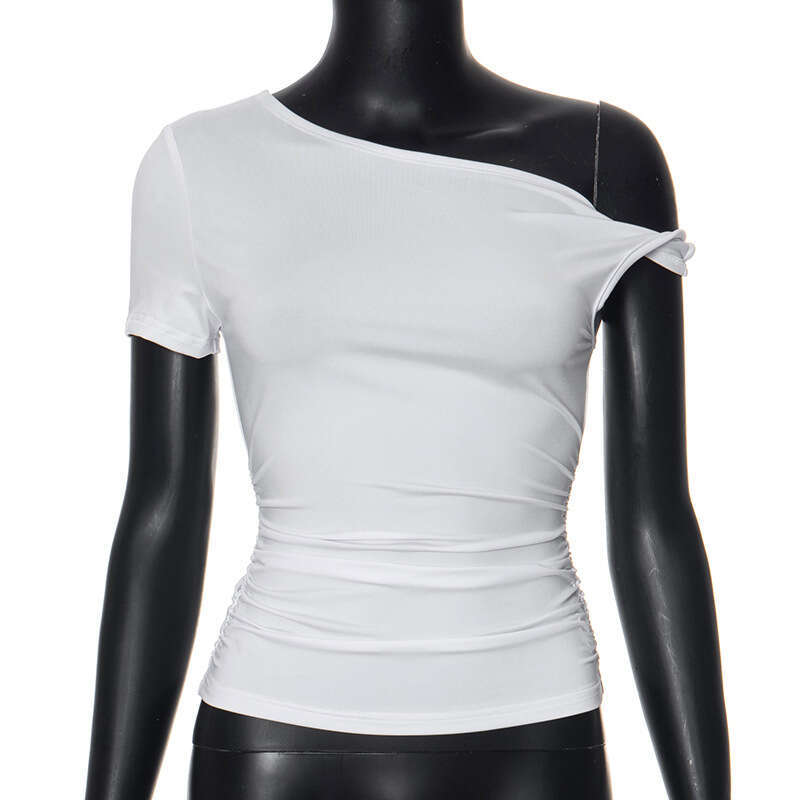 Qtp234 Women's Summer New Solid Color One-Shoulder Crop Asymmetric Sexy Small Top For Women B5