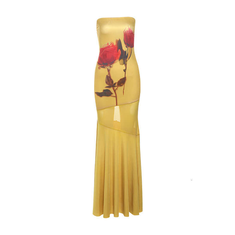 2025 Spring New Women's Solid Color Slim Fit Fashion Off-Shoulder Sleeveless Printed Dress 469