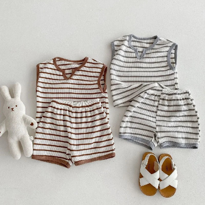 Summer Baby Clothes 05T Solid Color Boys Striped Sleeveless TShirt Shorts Set Breathable Girls Vest Short Sleeved Set 250725