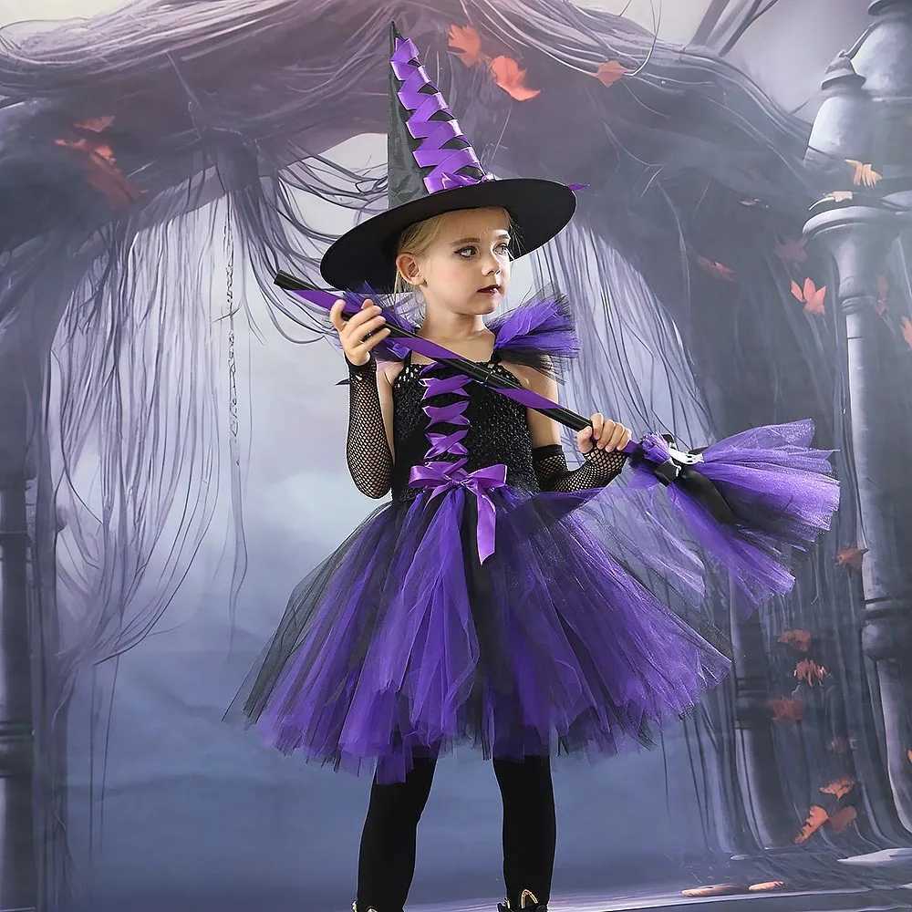 Halloween Childrens Witch Costume Purple Orange Pink Tulle Tutu Dress with Hat Joker Demon Dress-Up for Carnival Parties Z250725