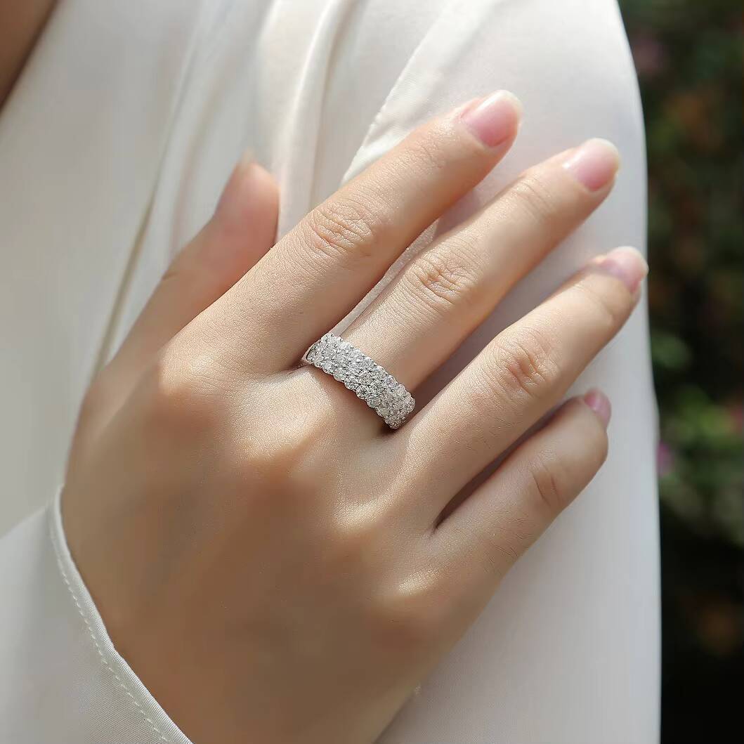Pass Diamond Tester 3 Rows Round Main Diamonds Wedding Band Zigzag Set VVS Moissanite Solid 925 Silver Bands Open Rings for Men