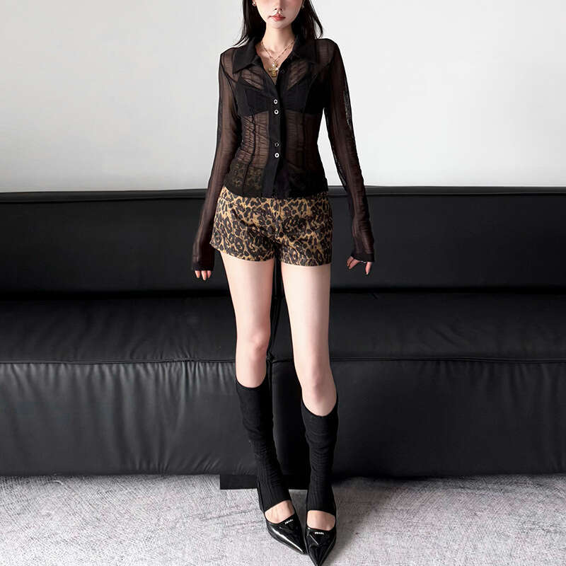 2024 Autumn New Style Solid Color Slim Fit Turn-Down Collar Long Sleeve Top Fashion Low Waist Leopard Print Shorts for Women ec9