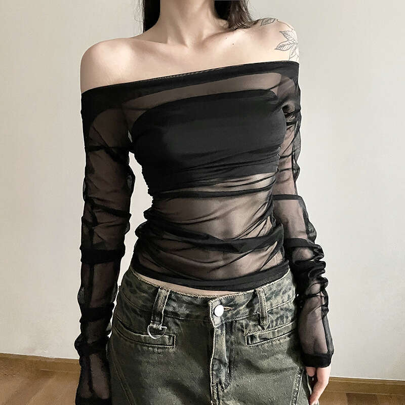 2023 Autumn New Women's Solid Color Slim Fit Street Fashion Off-Shoulder Backless Long Sleeve T-Shirt ef1