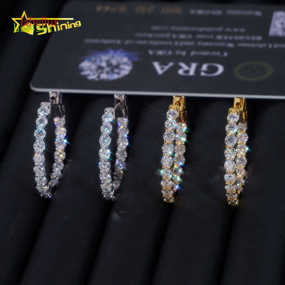 Ready to Ship Hip Hop Jewelry Sier Gold Plated Inner Fully Iced Out Moissanite Stud Hoop Earrings With GRA