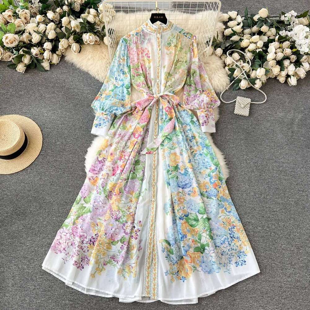 Fashion Runway Gorgeous Flower Holiday Chiffon Dress Women Stand Long Lantern Sleeve Floral Print Belt Lace Up Boho Robe Vestido