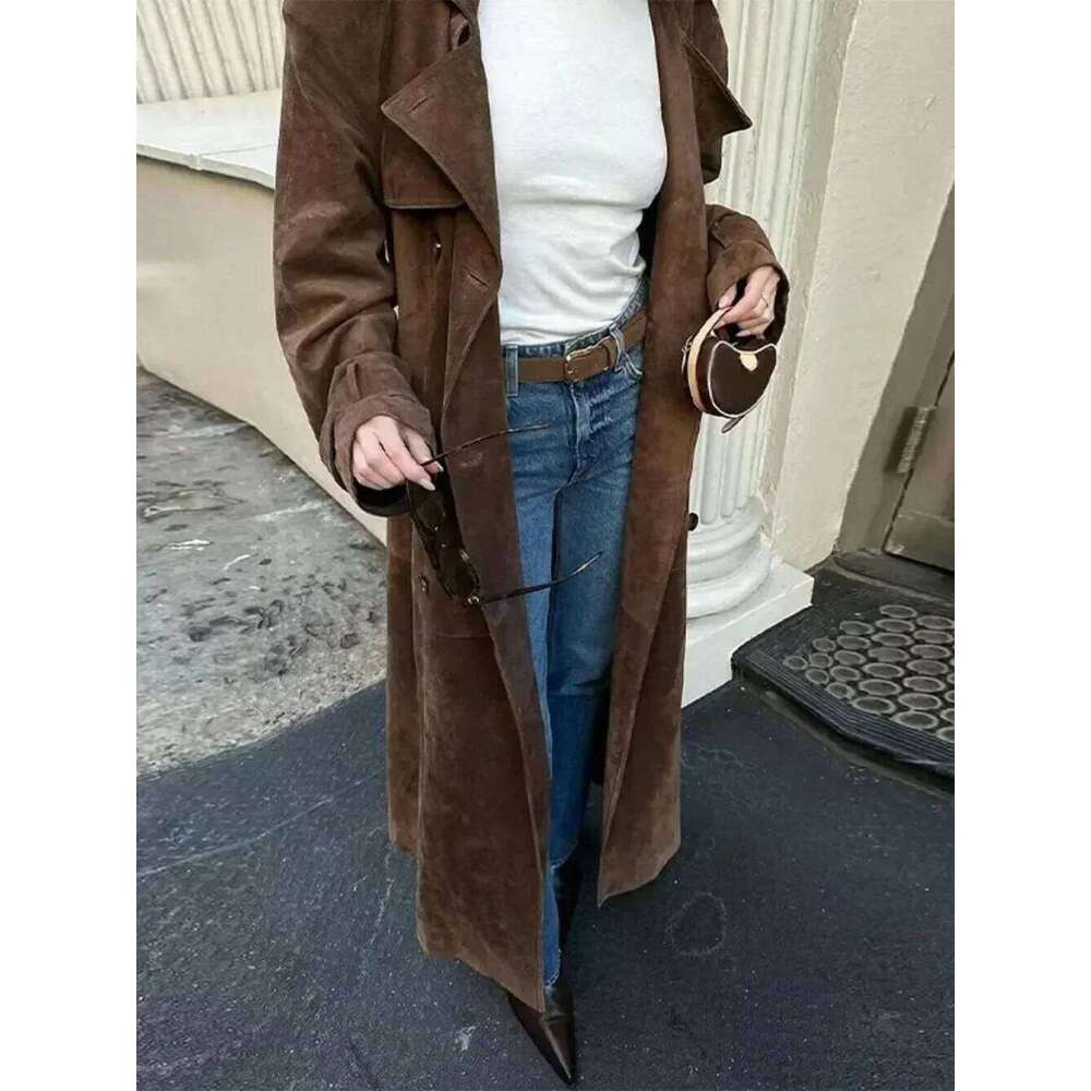 Designer Clothing Chic Lapel Long Sleeve Fashion Brown Women Imitation Deer Fur Coat High Street Outwear Double-Breasted Windbreaker Autumn Lady Fashi