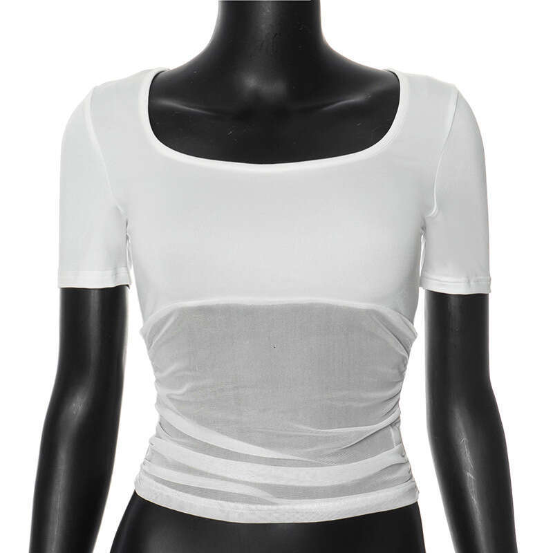 Qtp322 Women's Summer New Solid Color Square Neck Short Sleeve Patchwork Sexy T-Shirt Top For Women B5