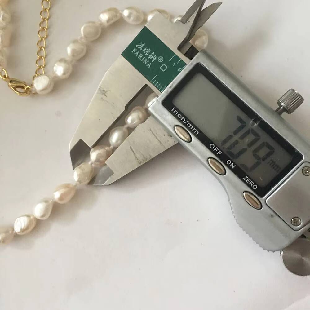 16 Inch+5 CM Choker Necklace 100% Natural Freshwater Pearl 7 MM Baroque Beads Knotted Clasp Stainless Steel 18k GOLD PLATING