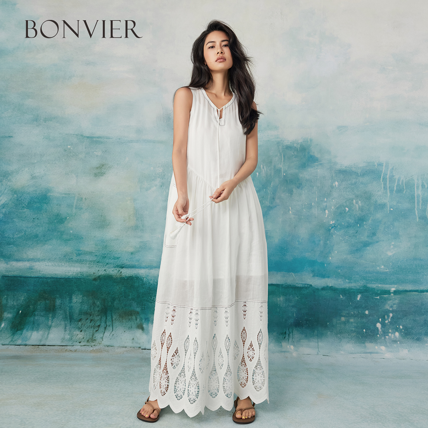 2025 summer new elegant temperament hollow senior long skirt splicing embroidery white dress 6116806