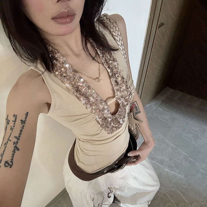 2025 Spring New Women's Solid Color Slim Fit Fashion V-neck Sequin Sleeveless Vest Top 2b9