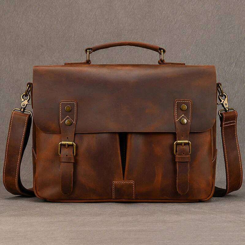 Newsbirds Cowhide Men's Briefcase Genuine Leather A4 File Document Handbag Male Laptop Shoulder Business Computer Bag OLOEY