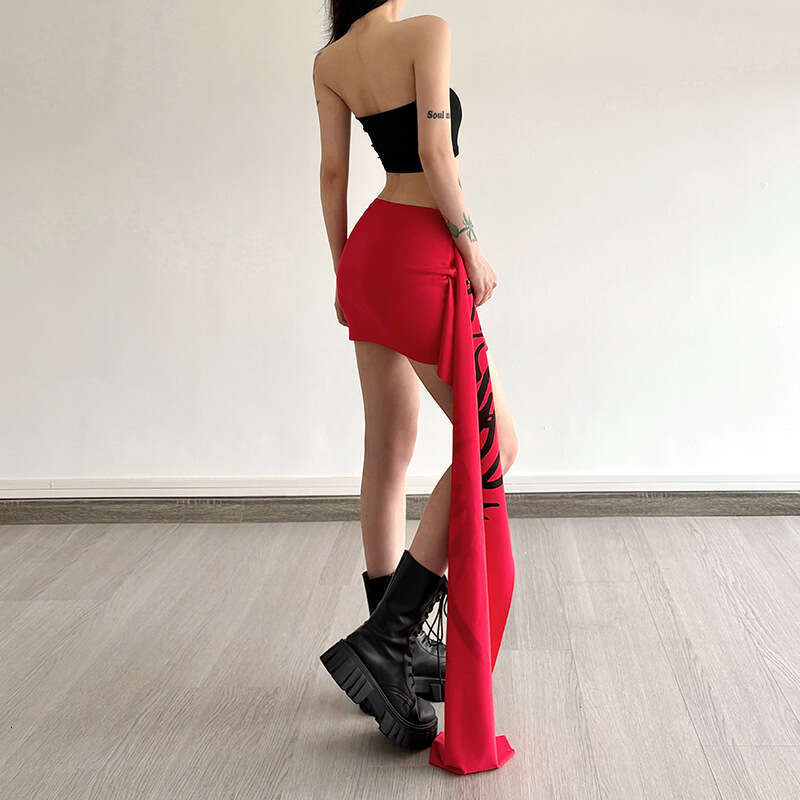 2025 Summer New Trendy Personality Red and Black Color Block Small Ribbon Versatile Bodycon Sexy Mini Skirt e83