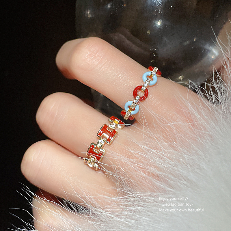 Gold Tone Linked Ring With Red Enamel & Pave Crystal Accents Minimalist Chic Daily Jewelry And Gift For Her High Quality Stylish Design