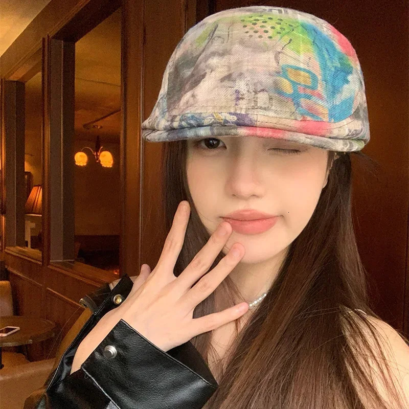 Y2K American Spice Girl Personalized Graffiti Forward Hats for Women Spring Summer Thin Niche Retro Beret Cap Gorras 250723