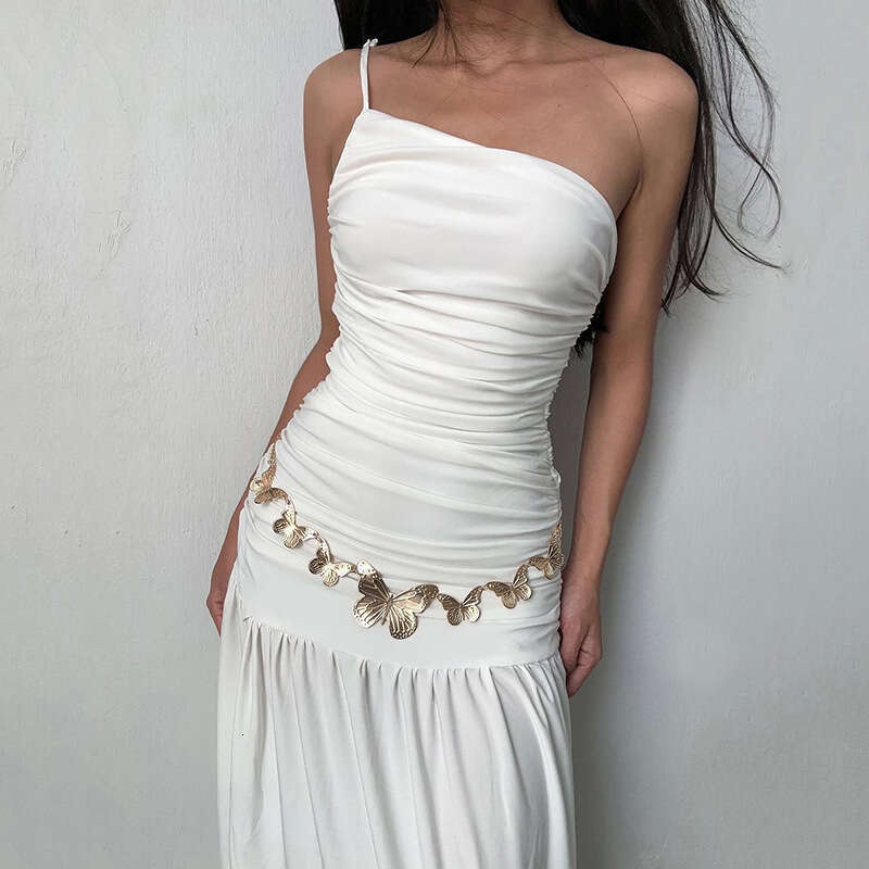 2025 Spring New Women's Solid Color Slim High Waist Fashion Single Shoulder Strap Sleeveless Dress fcd