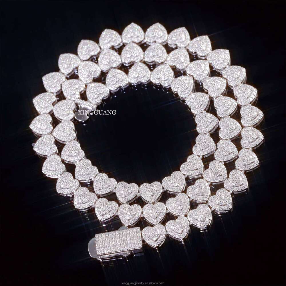 Heart Shape 10mm Wide S Sier Men Hip Hop Necklace VVS Moissanite Cuban Link Chain