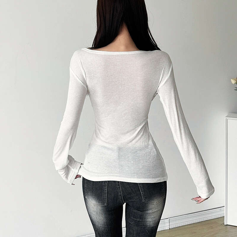 2024 Autumn New Women's Solid Color Slim Street Fashion V-Neck Long Sleeve Printed Top a19