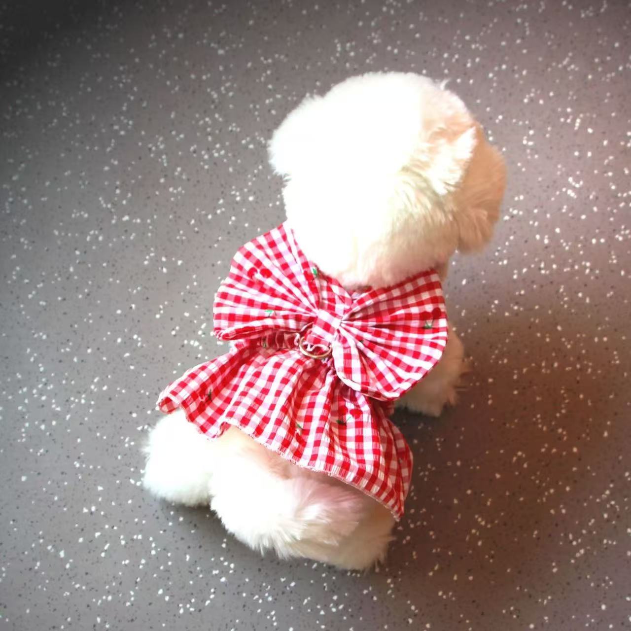 T807 Pet cats and dogs cherry princess style thin skirt, traction rope Teddy Bichon small dog outdoor clothes
