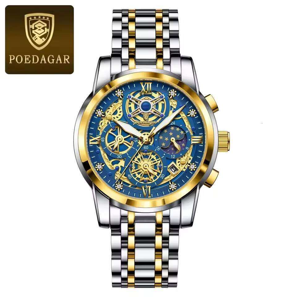 DHwatches POEDAGAR Watches Chronograph Date Stainless Steel Watch for Men Waterproof Luminous Quartz Men's Reloj