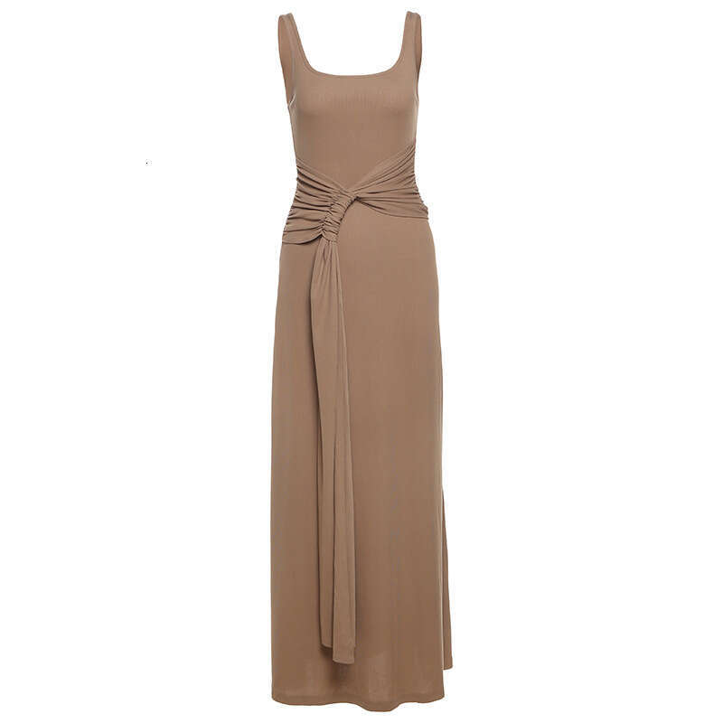 2025 Summer New Solid Color Square Neck Slim Fit Elegant Tie Waist Draped Bodycon Dress for Women 932