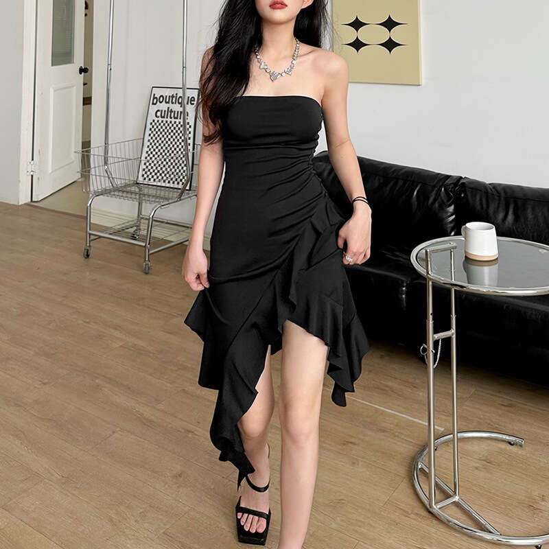 2023 Spring/Summer New Women's Solid Color Slim Fit High Waist Fashion Off-Shoulder Backless Dress 7b9