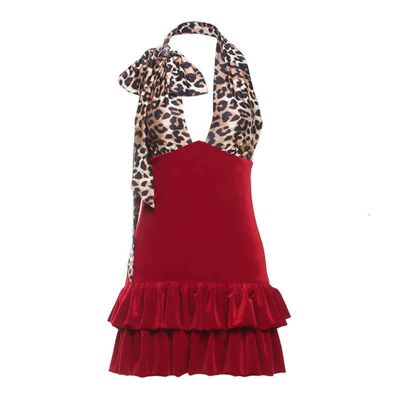 2025 Summer New Spliced Leopard Print Slim Fit Street High Waist Halter Backless Dress for Women 6c8