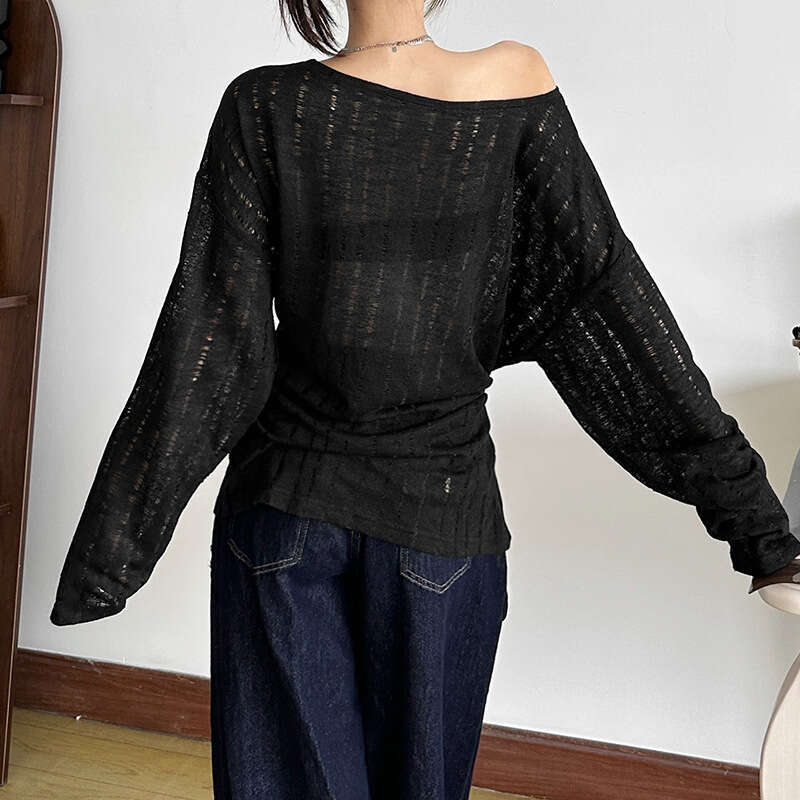 2024 Autumn New Women's Solid Color Loose Street Fashion Asymmetrical Neck Long Sleeve Backless Top 667