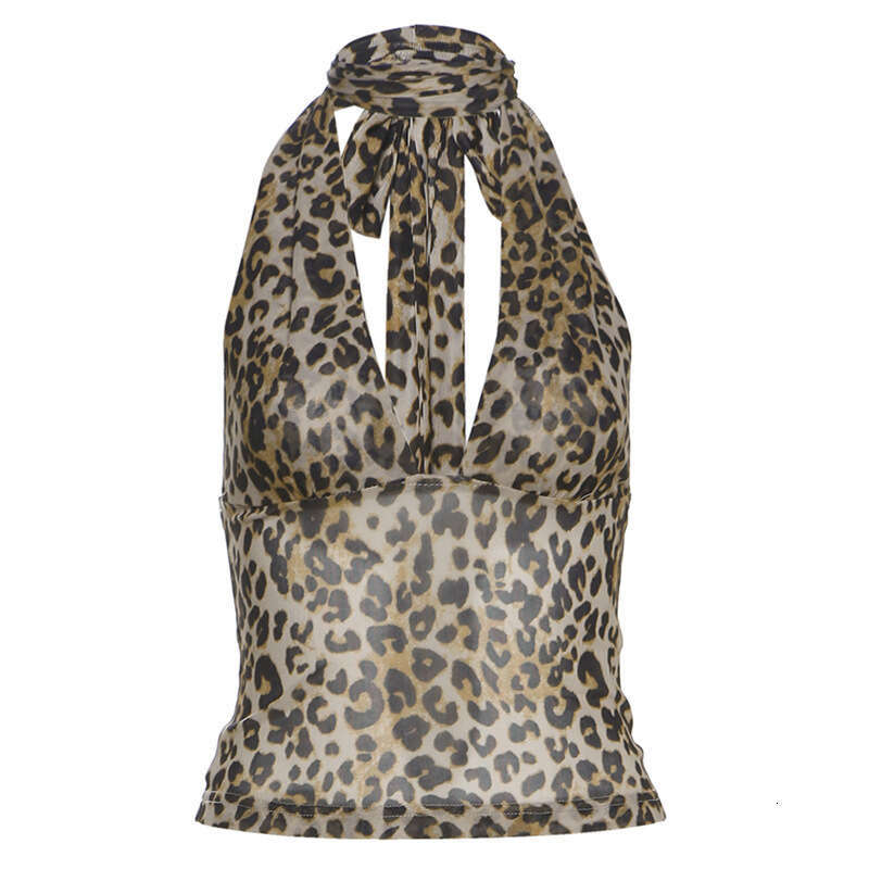 2025 Summer New Fashionable Hot Girl Leopard Print Halter Neck Small Ribbon Versatile Backless Slim Vest for Women 872