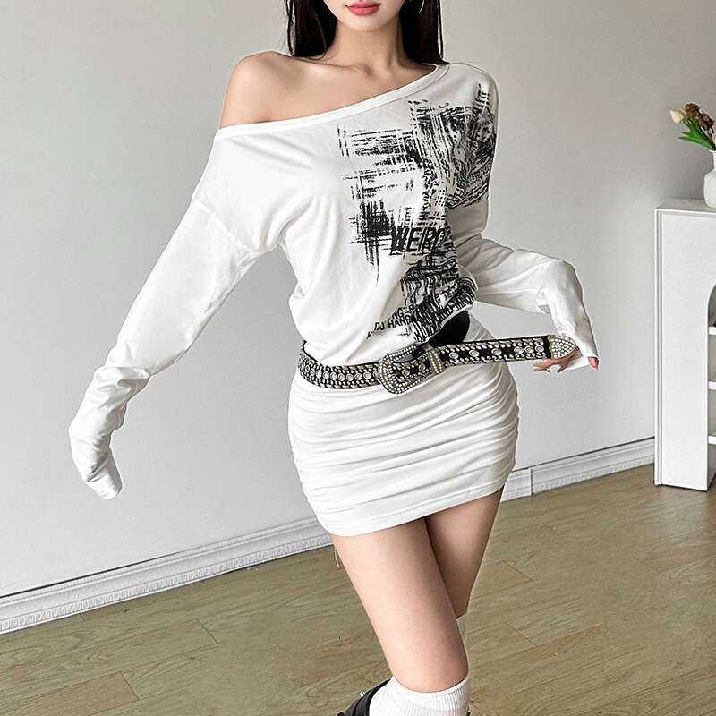 2024 Autumn New Women's Solid Color Slim Street Style Fashion Asymmetrical Neck Long Sleeve Printed Dress dd9