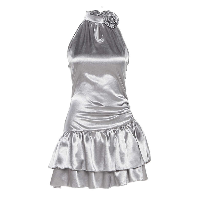 2023 Summer New Women's Solid Color Sexy Sleeveless Halter Neck High Waist Ruffle Dress 9f5
