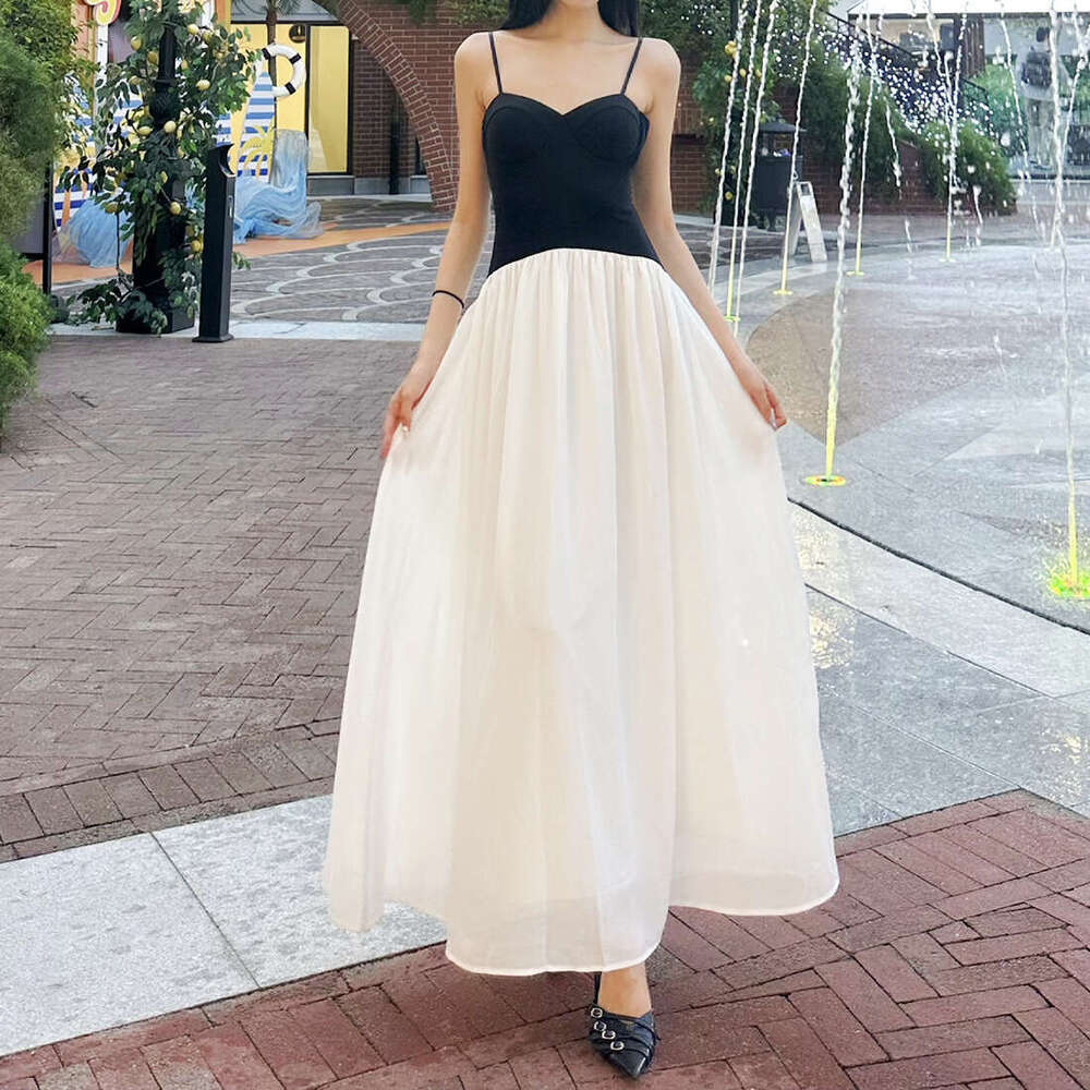 2025 Summer New Color-Block Patchwork Niche High-End Slim Fit Elegant Off-Shoulder Sleeveless Dress a74