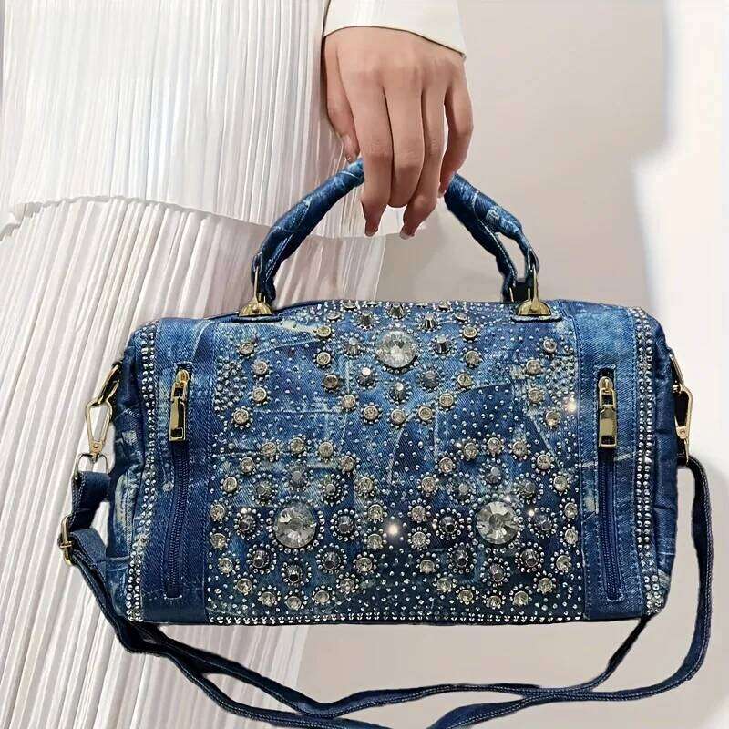 Ladies' Fashionable Gemstone Inlaid Elegant Handbag, Boston Bag, Personalized Street Style Y2k Hot Girl