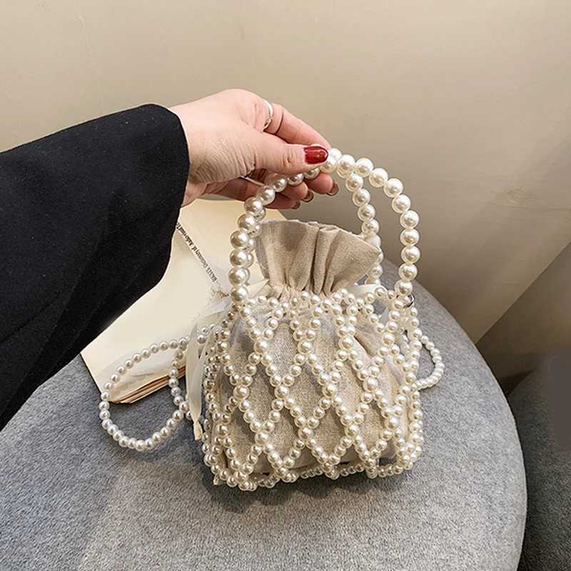 Luxury Pearl Wen Bucket Tote Bag Woven Pearl Crossbody Bags for Wen Small Wallet Handbag Casual Drawstring Fem Coin Purse Y250725