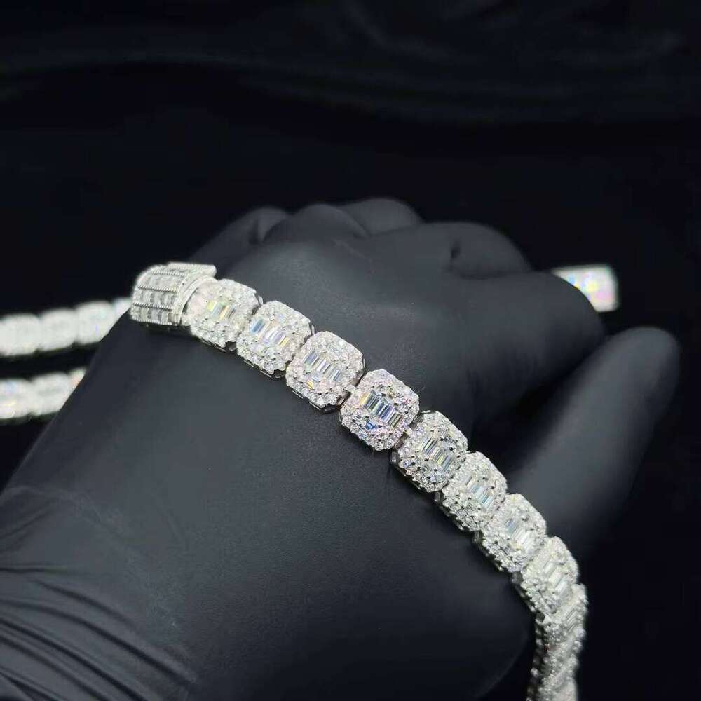 100% Passes the test for the designer necklace's high quality10mm/12mm Sier Hiphop Rock-Candy Necklace with Square Tennis Moissanite Chain