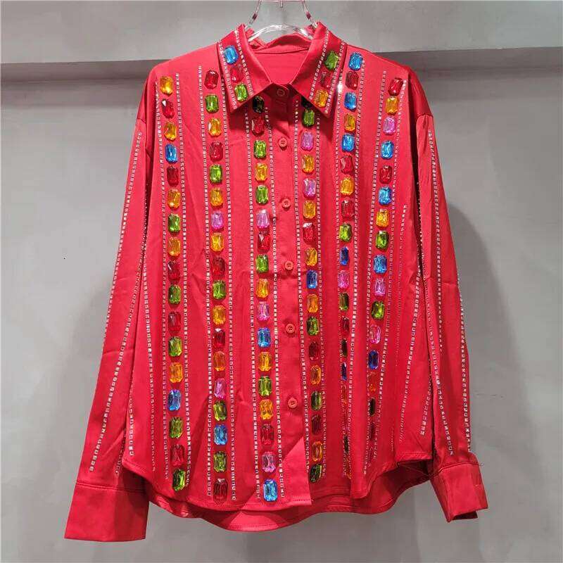 Women's Shirt Loose Single Breasted Striped Rhinestone Handmade Color Dia Blouse Summer 2025 New Fashion 29A1519
