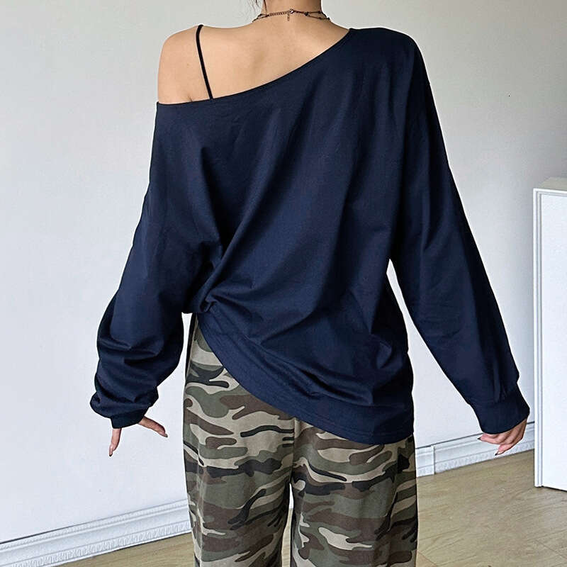 2024 Autumn New Women's Solid Color Loose Street Style Fashion Asymmetrical Neck Printed Long Sleeve Top 1e4