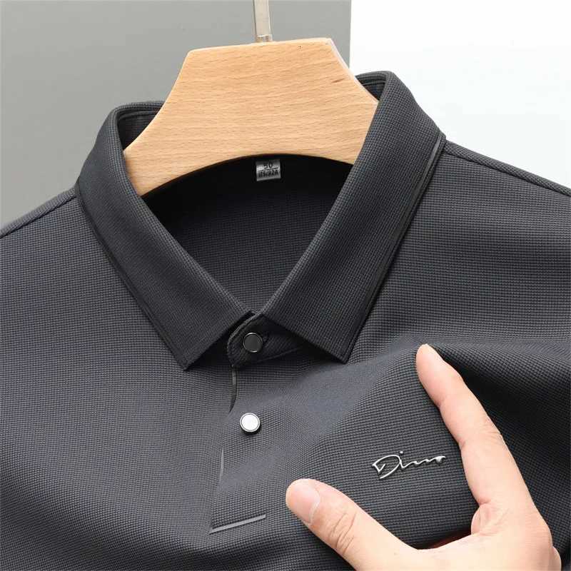 High End Brand Ice Silk Long Sleeved Fashionable Letter Printed Polo Shirt 2023 Autumn New Trend Mens Lapel T-Shirt Casual Top XJ250725