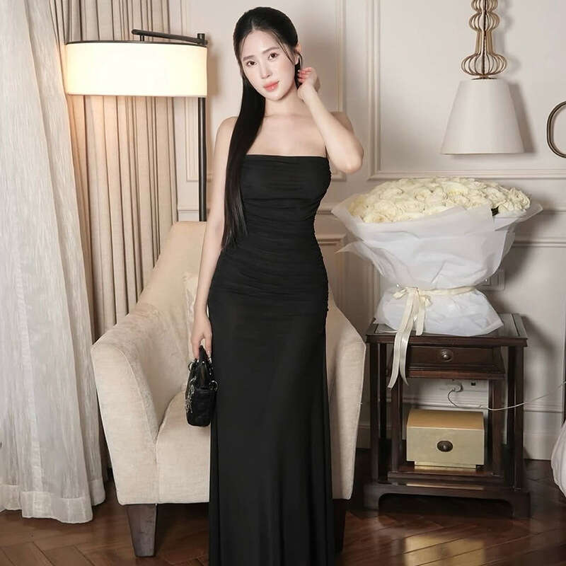 2025 Spring New Women's Solid Color Slim Fit High Waist Fashion Off-Shoulder Strap Dress 3b6