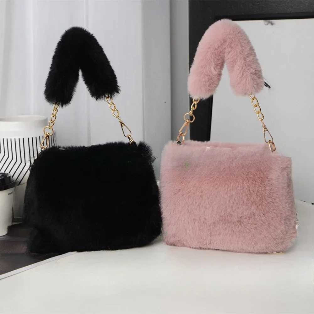 Fi Wen Fluffy Shoulder Bags Fem Winter Chain Underarm Bag Solid Color Handbag Soft Plush Handle Bag Y250725